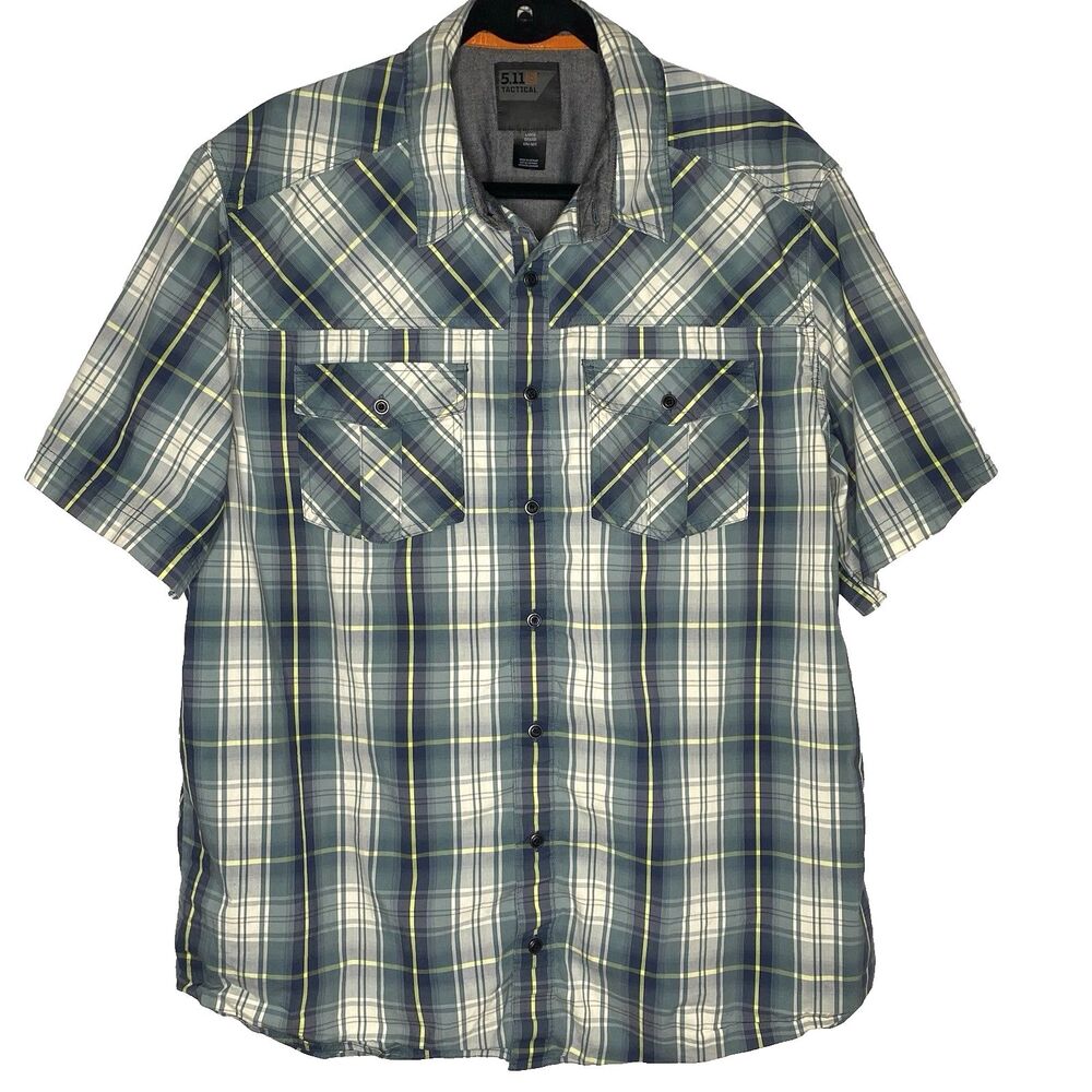 5.11 Tactical Plaid Snap Front Shirt Short Sleeve Pockets Outdoor Mens L Green